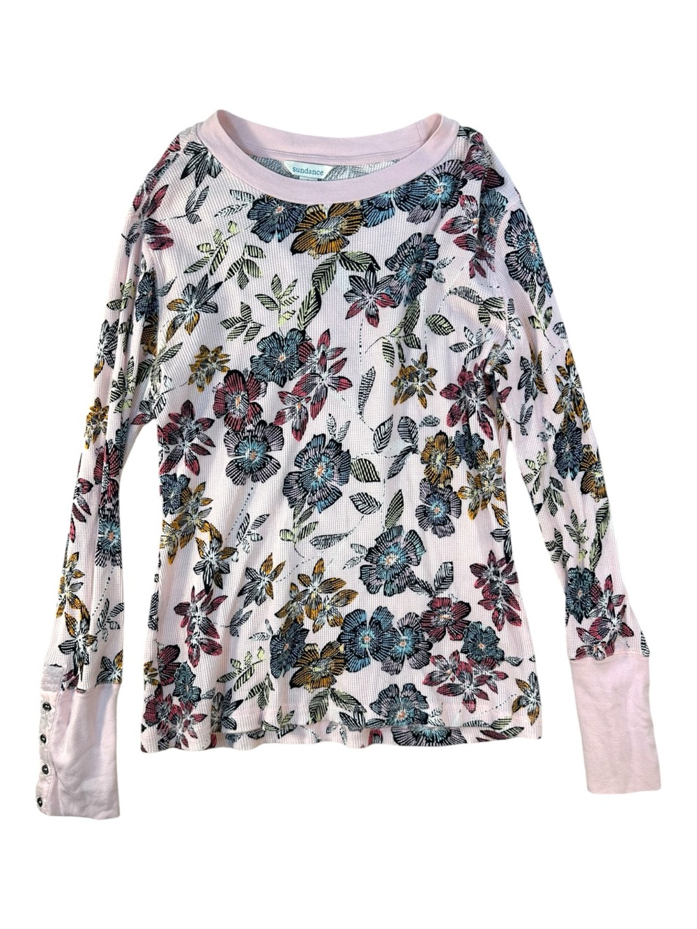 Sundance Waffle Knit Thermal Top Small Pink Floral Velvet Trim Button Cuff Shirt